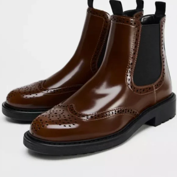 Zara Flat Wingtip Ankle Boots in Brown/Burgundy Size-10 NWT - Picture 1 of 15